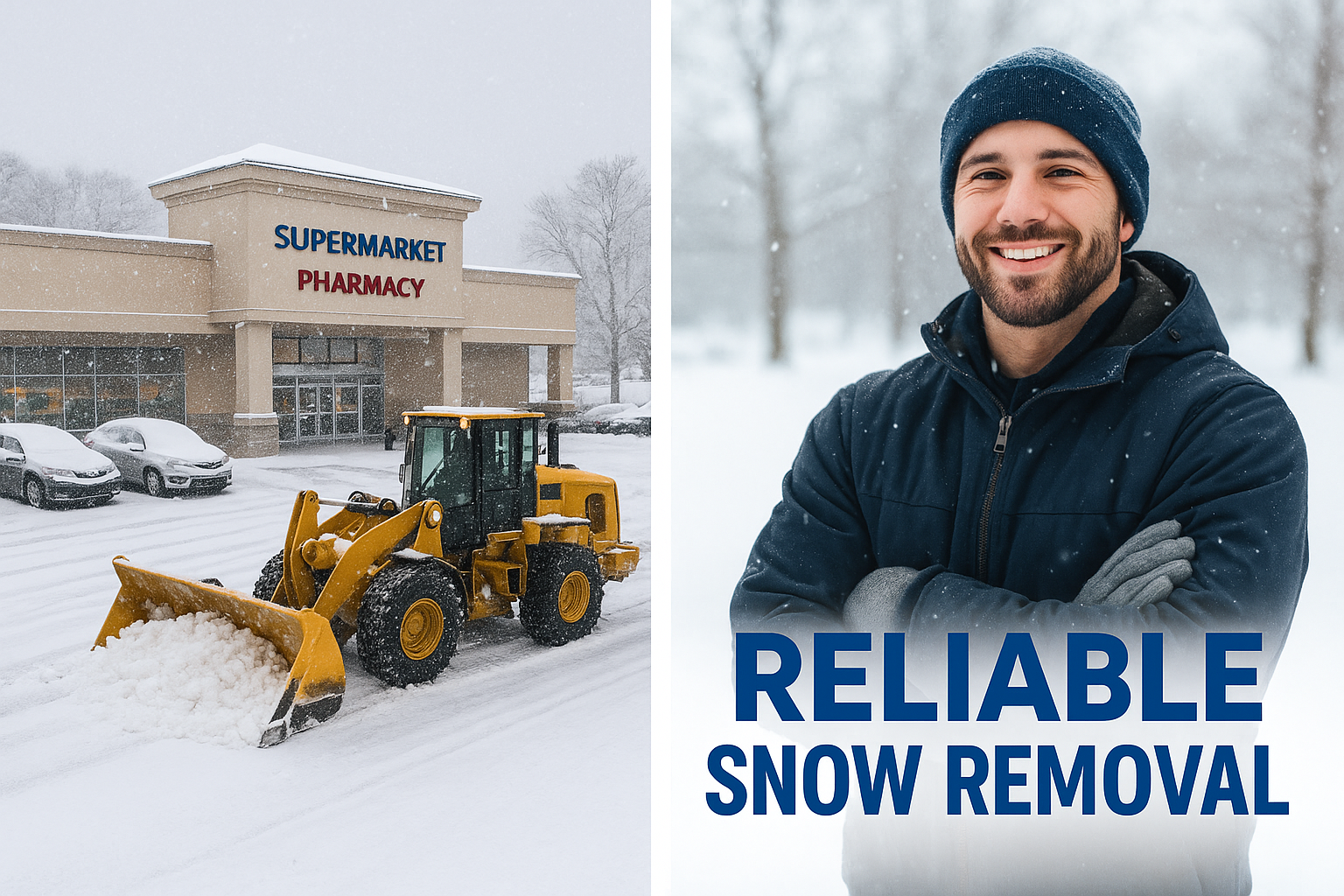 Snow removal equipment clearing a small commercial parking lot and reliable snow removal team member