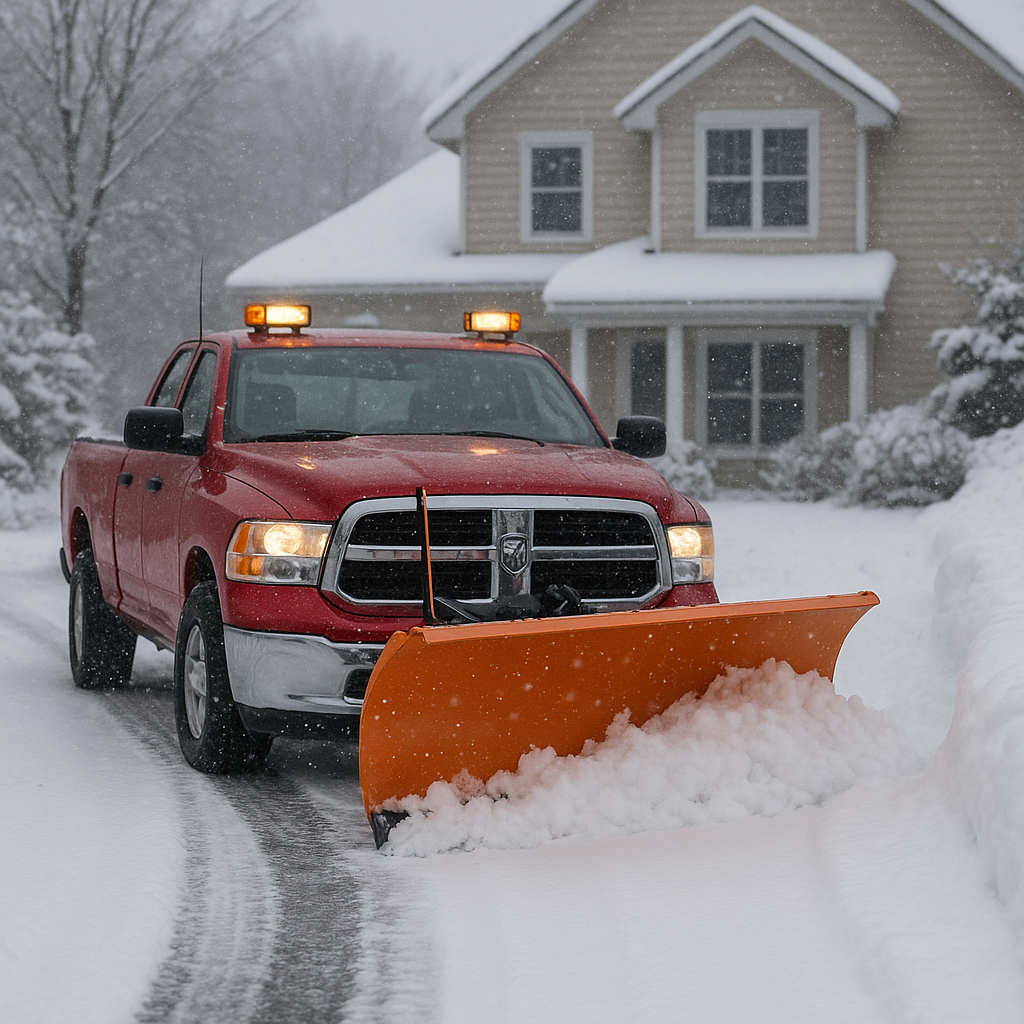 Pickup truck plowing a residential driveway in New Hampshire